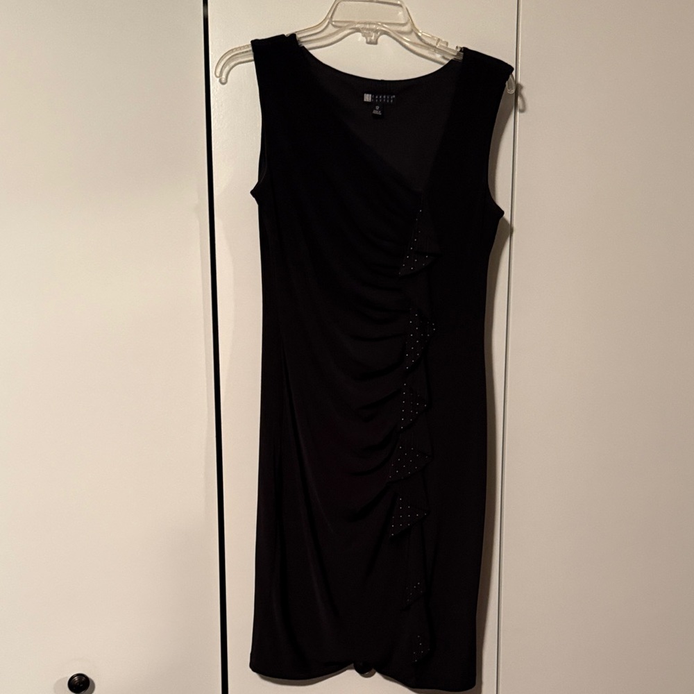 Carole Little Black Sleeveless Ruched Midi Dress with Ruffle Detail